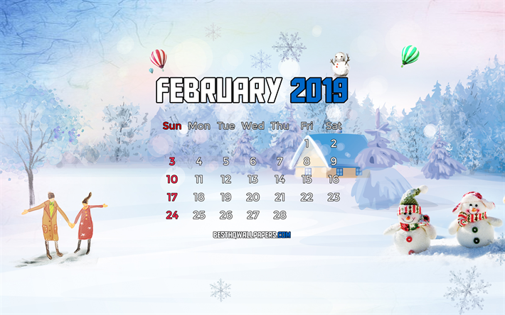 4k, el Calendario de febrero de 2019, copos de nieve, mu&#241;eco de nieve, 2019 calendario, febrero de 2019, el calendario con el mu&#241;eco de nieve, de febrero de 2019 calendario, paisaje de invierno, 2019 calendarios