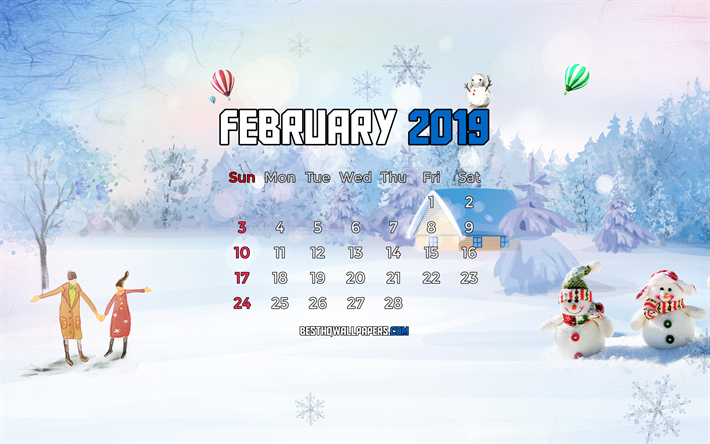 4k, Calend&#225;rio De Fevereiro 2019, flocos de neve, boneco de neve, 2019 calend&#225;rio, Fevereiro 2019, calend&#225;rio com boneco de neve, De fevereiro de 2019 calend&#225;rio, paisagem de inverno, 2019 calend&#225;rios