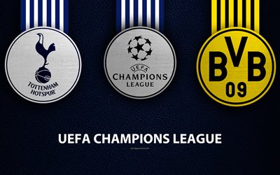 Tottenham Hotspur vs Borussia Dortmund, UEFA Champions League, football match, promo, logos, emblems of football clubs, leather blue texture, champions League logo