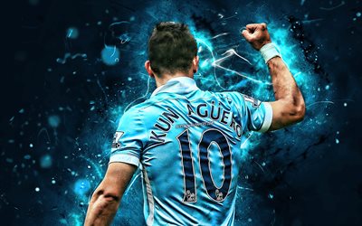 Sergio Aguero, back view, Manchester City FC, goal, argentine footballers, soccer, England, Kun Aguero, Premier League, Man City, neon lights