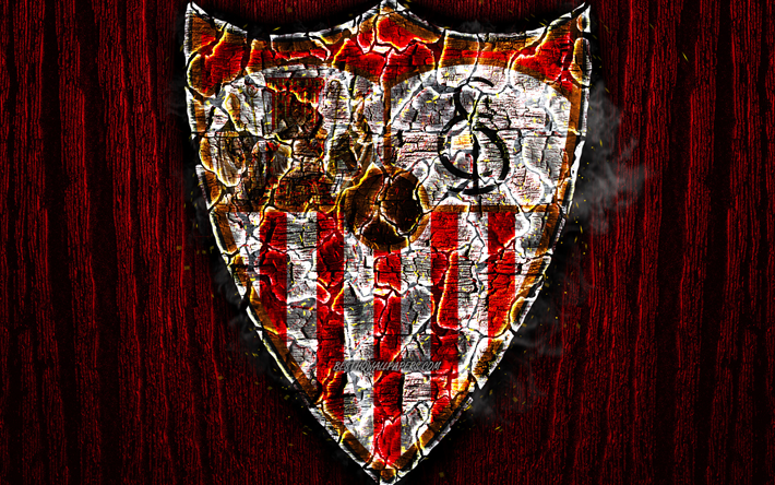 Sevilla, scorched logo, LaLiga, red wooden background, spanish football club, La Liga, grunge, football, soccer, Sevilla logo, fire texture, Spain