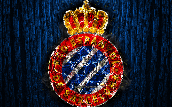 espanyol fc, verbrannten logo, laliga, blau holz-hintergrund, der spanischen fu&#223;ball-club, la liga, grunge, rcd espanyol, fu&#223;ball, espanyol logo -, feuer-textur, spanien