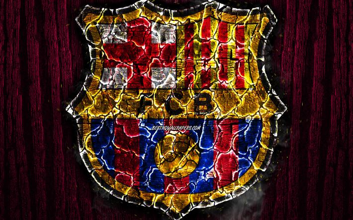 barcelona fc, verbrannten logo, laliga, lila holz-hintergrund, fcb, spanische fu&#223;ball-club, la liga, grunge, fc barcelona, football, fu&#223;ball, barcelona, logo -, feuer-textur, spanien