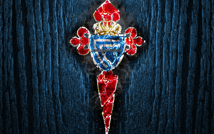 Celta Vigo FC, scorched logo, LaLiga, blue wooden background, spanish football club, La Liga, grunge, RC Celta, football, soccer, Celta logo, fire texture, Spain, Celta FC