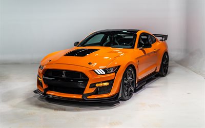 Ford Mustang, Shelby GT500, 2020, orange supercar, front view, tuning, new orange mustang, american sports cars, Ford