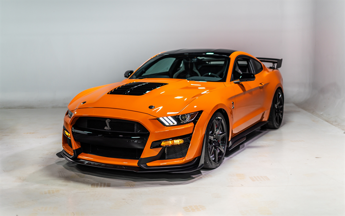Ford Mustang, Shelby GT500, 2020, laranja supercarro, vista frontal, ajuste, novo mustang cor de laranja, american carros esportivos, Ford