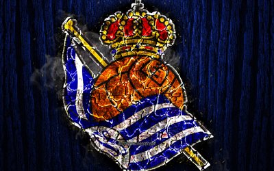 Real Sociedad FC, scorched logo, LaLiga, blue wooden background, spanish football club, La Liga, grunge, Real Sociedad SAD, football, soccer, Real Sociedad logo, fire texture, Spain