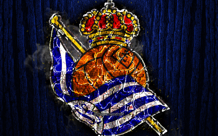 Real Sociedad FC, logo, LaLiga, mavi ahşap arka plan, İspanyol Futbol Kul&#252;b&#252;, UEFA Şampiyonlar Ligi, grunge, Real Sociedad &#220;Z&#220;C&#220;, futbol, Real Sociedad logo, yangın, doku, İspanya yakılmış