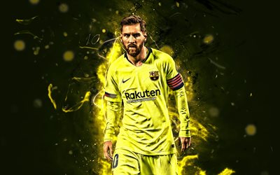 Messi, FCB, Barcelona FC, argentinian footballers, yellow uniform, La Liga, Lionel Messi, Leo Messi, neon lights, LaLiga, Spain, Barca, soccer, football stars