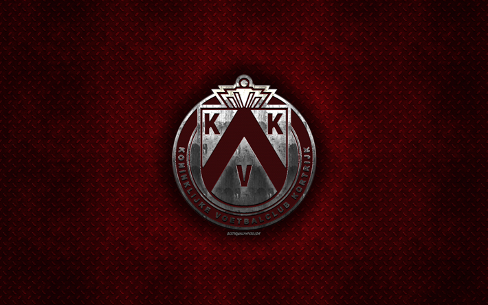 KV Kortrijk, Belgian football club, red metal texture, metal logo, emblem, Kortrijk, Belgium, Jupiler Pro League, Belgian First Division A, creative art, football