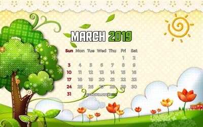 March 2019 Calendar, 4k, spring landscape, 2019 calendar, cartoon landscape, March 2019, abstract art, Calendar March 2019, artwork, 2019 calendars