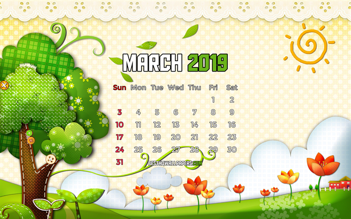 Marzo 2019 Calendario, 4k, primavera, paesaggio, 2019 calendario, cartone animato paesaggio, Marzo 2019, arte astratta, Calendario Marzo 2019, opere d&#39;arte, calendari 2019