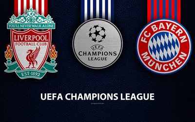 Liverpool FC vs Bayern M&#252;nchen FC, UEFA Champions League, jalkapallo-ottelu, promo, logot, football club tunnukset, nahka sininen tekstuuri, mestarien Liigan logo, Liverpool, Bayern M&#252;nchen