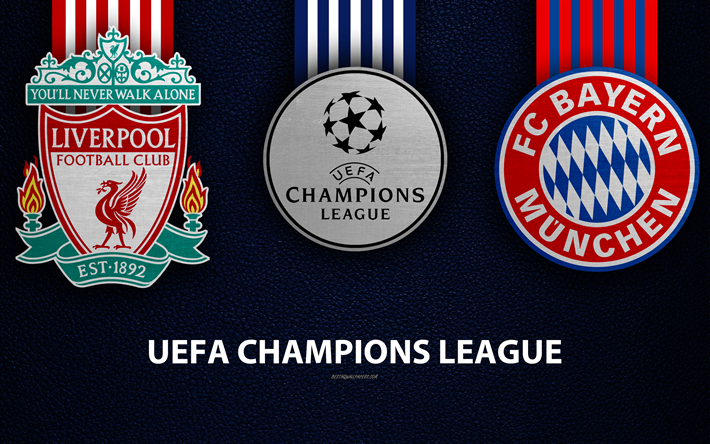 Liverpool FC vs Bayern Munich FC, de la UEFA Champions League, partido de f&#250;tbol, promo, logotipos, club de f&#250;tbol de emblemas, de cuero azul de la textura, el logotipo de Liga de campeones, Liverpool, Bayern Munich