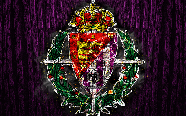 Real Valladolid FC, scorched logo, LaLiga, violet wooden background, spanish football club, La Liga, grunge, Real Valladolid CF, football, soccer, Real Valladolid logo, fire texture, Spain