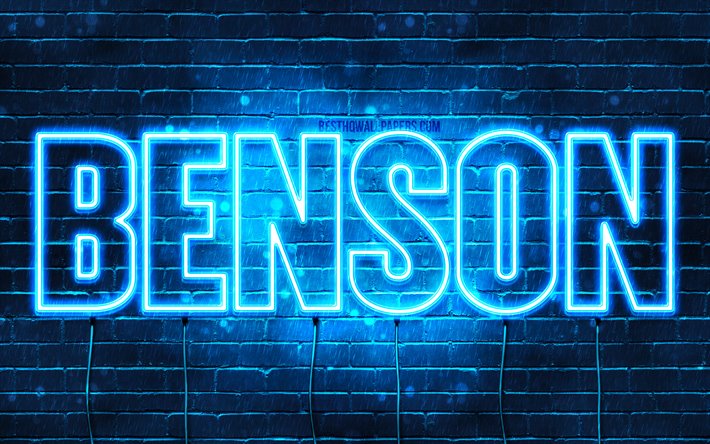 Benson, 4k, fondos de pantalla con los nombres, el texto horizontal, Benson nombre, luces azules de ne&#243;n, imagen con Benson nombre