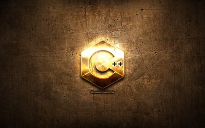 C Plus Plus golden logo, programming language, brown metal background, creative, C Plus Plus logo, programming language signs, C Plus Plus