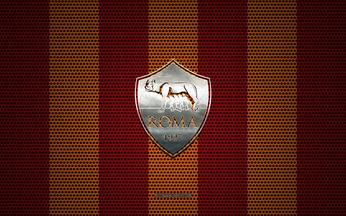 AS Roma logo, Italian football club, metal emblem, red-orange metal mesh background, AS Roma, Serie A, Rome, Italy, football