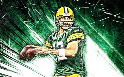 4k, Aaron Rodgers, grunge art, Green Bay Packers, american football, NFL, quarterback, Aaron Charles Rodgers, green abstract rays, National Football League, Aaron Rodgers 4K