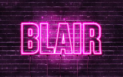 Blair, 4k, taustakuvia nimet, naisten nimi&#228;, Blair nimi, violetti neon valot, vaakasuuntainen teksti, kuvan Blairin nimi