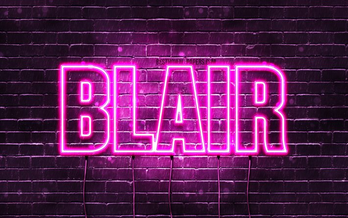 Blair, 4k, pap&#233;is de parede com os nomes de, nomes femininos, Blair nome, roxo luzes de neon, texto horizontal, imagem com Blair nome