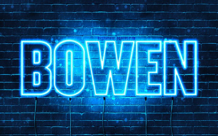Bowen, 4k, isim Bowen adı ile, yatay metin, Bowen adı, mavi neon ışıkları, resimli duvar kağıtları