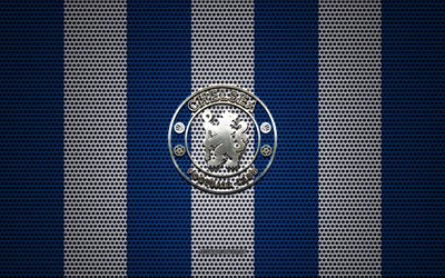 Chelsea FC logo, English football club, metal emblem, blue white metal mesh background, Chelsea FC, Premier League, London, England, football
