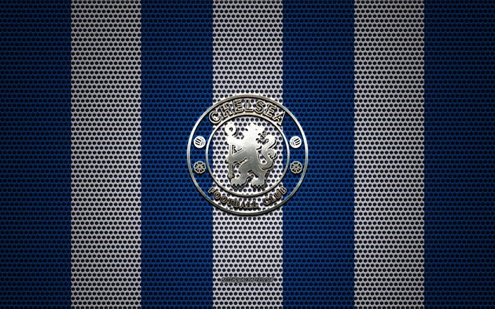 Il Chelsea FC, logo, club di calcio inglese, metallo emblema, blu bianco maglia metallica sfondo, Chelsea FC, Premier League, Londra, Inghilterra, calcio