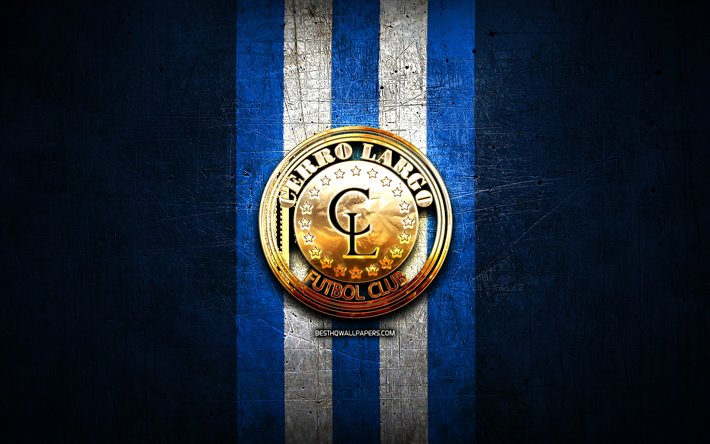 Cerro Largo FC, golden logotyp, Uruguay Primera Division, bl&#229; metall bakgrund, fotboll, Cerro Largo, Uruguay football club, Cerro Largo logotyp, Uruguay