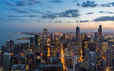 Chicago, kv&#228;ll, skyskrapor, moderna byggnader, Chicago stadsbilden, sunset, Illinois, USA