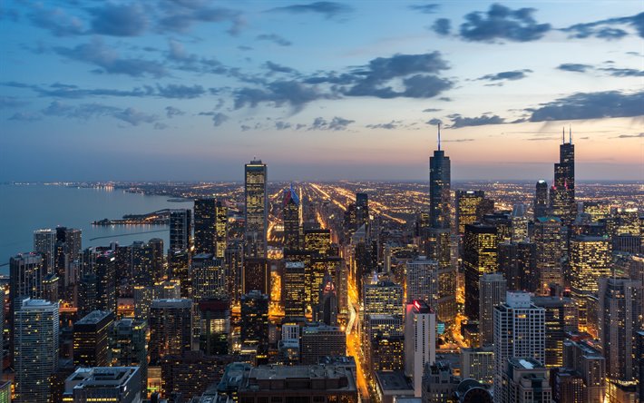 Chicago, noite, arranha-c&#233;us, edif&#237;cios modernos, Chicago paisagem urbana, p&#244;r do sol, Illinois, EUA