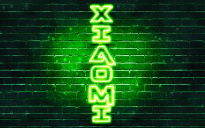 4K, Xiaomi green logo, vertical text, green brickwall, Xiaomi neon logo, creative, Xiaomi logo, artwork, Xiaomi