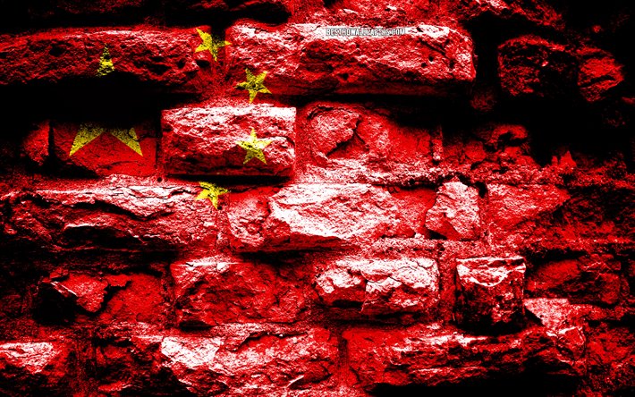 China flag, grunge brick texture, Flag of China, flag on brick wall, China, flags of Asian countries