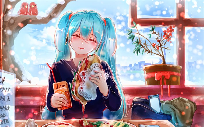 Hatsune Miku, cafe, Vocaloid Merkki&#228;, talvi, manga, japanilaiset lyhdyt, Vocaloid, Miku Hatsune