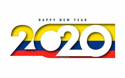 kolumbien 2020, flagge von kolumbien, wei&#223;er hintergrund, gl&#252;ckliches neues jahr kolumbien, 3d-kunst, 2020 konzepte, kolumbien flagge, 2020 neue jahr 2020 kolumbien-flagge