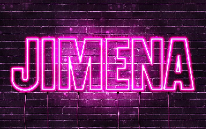 Jimena, 4k, wallpapers with names, female names, Jimena name, purple neon lights, horizontal text, picture with Jimena name