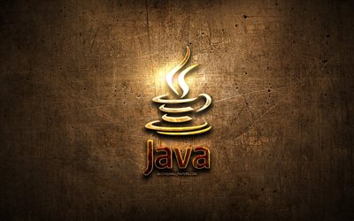 Java golden logo, programming language, brown metal background, creative, Java logo, programming language signs, Java