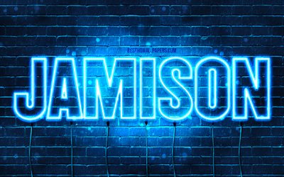 Jamison, 4k, taustakuvia nimet, vaakasuuntainen teksti, Jamison nimi, blue neon valot, kuva Jamison nimi