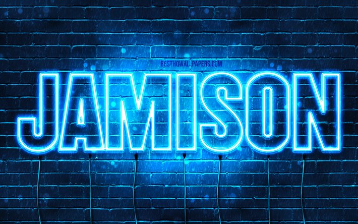 جاميسون, 4k, خلفيات أسماء, نص أفقي, جاميسون اسم, الأزرق أضواء النيون, صورة مع جاميسون اسم