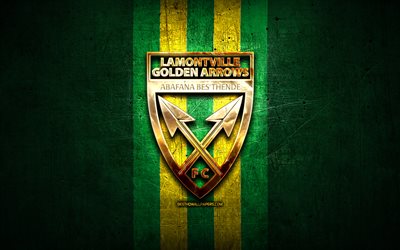 Golden Arrows FC, golden logo, Premier Soccer League, green metal background, football, Golden Arrows, PSL, South African football club, Golden Arrows logo, soccer, South Africa