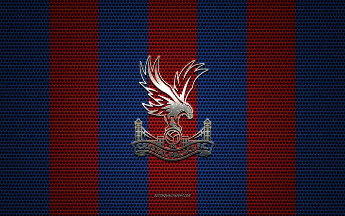 crystal palace fc-logo, den englischen fu&#223;ball-club, metall-emblem, blau-rot-metal-mesh-hintergrund, crystal palace fc, premier league, london, england, football