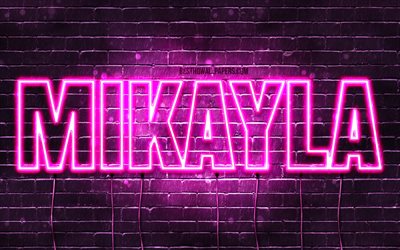 Mikayla, 4k, wallpapers with names, female names, Mikayla name, purple neon lights, horizontal text, picture with Mikayla name