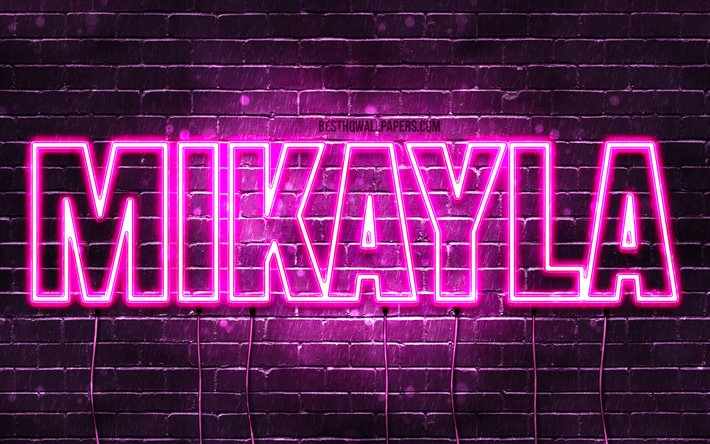 Mikayla, 4k, tapeter med namn, kvinnliga namn, Mikayla namn, lila neon lights, &#246;vergripande text, bild med Mikayla namn