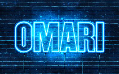 Omari, 4k, pap&#233;is de parede com os nomes de, texto horizontal, Omari nome, luzes de neon azuis, imagem com Omari nome