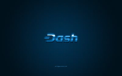Dash logo, metal emblem, blue carbon texture, cryptocurrency, Dash, finance concepts