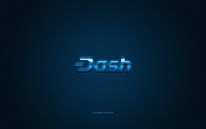 Dash-logo, metalli-tunnus, sininen carbon rakenne, kryptovaluutta, Dash, rahoituksen k&#228;sitteit&#228;