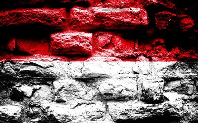 Indonesia flag, grunge brick texture, Flag of Indonesia, flag on brick wall, Indonesia, flags of Asian countries