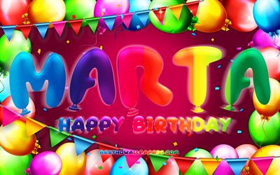 Happy Birthday Marta, 4k, colorful balloon frame, Marta name, purple background, Marta Happy Birthday, Marta Birthday, popular spanish female names, Birthday concept, Marta