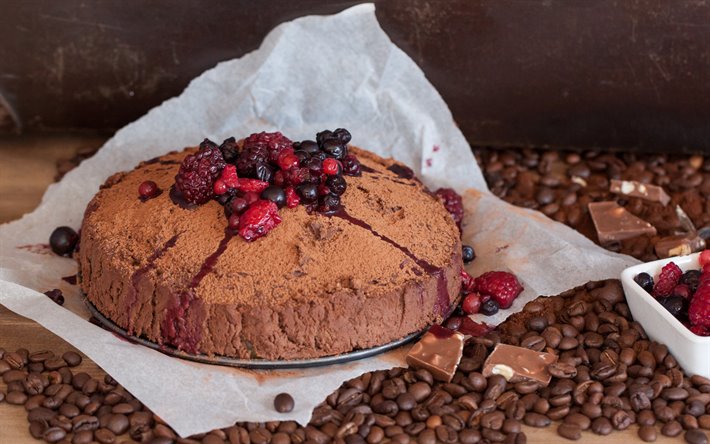 chocolate cake with berries, chocolate cake, berries, coffee beans, chocolate, cakes, dessert