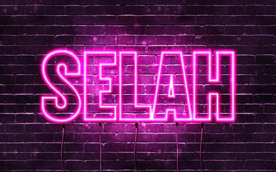Selah, 4k, wallpapers with names, female names, Selah name, purple neon lights, horizontal text, picture with Selah name
